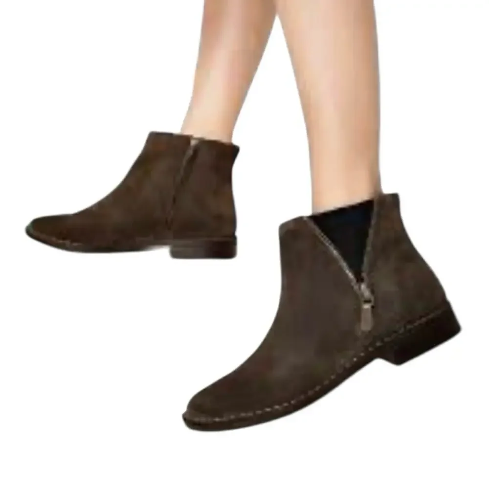Clarks Cabaret Ruby Boots 7.5 Khaki Taupe Suede Asymmetric Zip Ankle Bootie